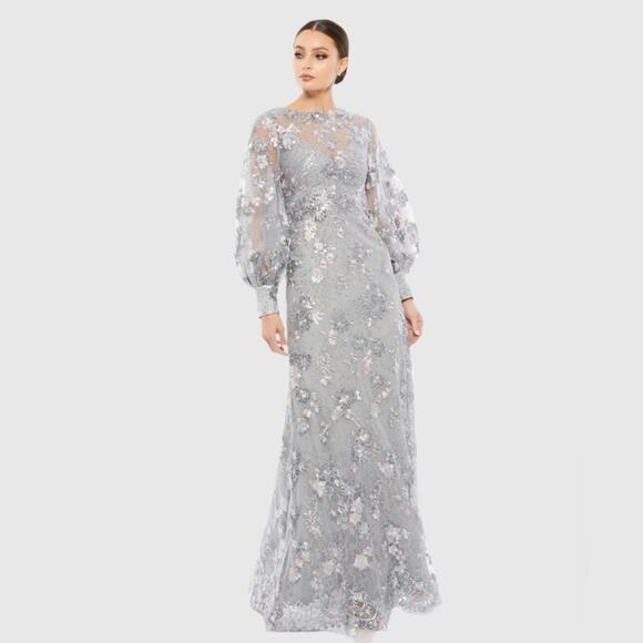 Mac Duggal 67936 Platinum Embellished High Neck Bishop Sleeve Gown Size 18 UB - Picture 3 of 9